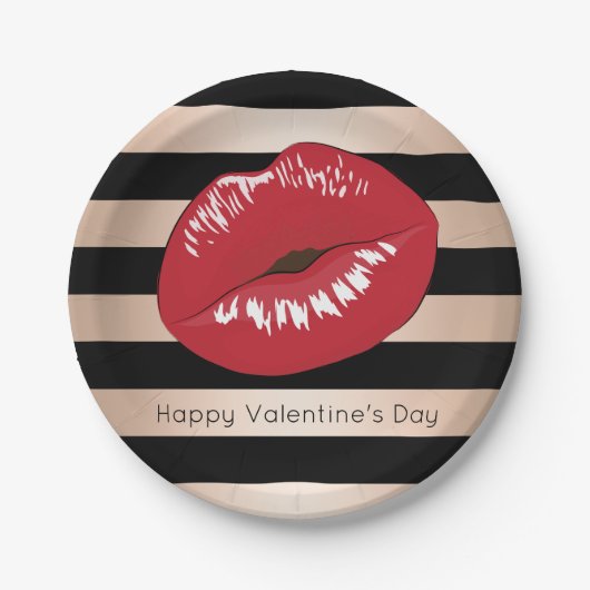 Rote Lippen Rose Schwarze Streifen Muster Pappteller (Vorderseite)