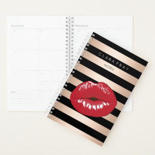 Rote Lippen Rose Schwarze Streifen Muster Planer