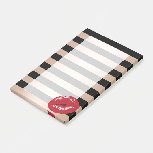 Rote Lippen Rose Schwarze Streifen Muster Post-it Klebezettel (angewinkelt)