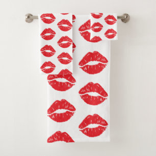 Rote Lippen, roter Lippenstift, Kuss, Lippenmuster Badhandtuch Set