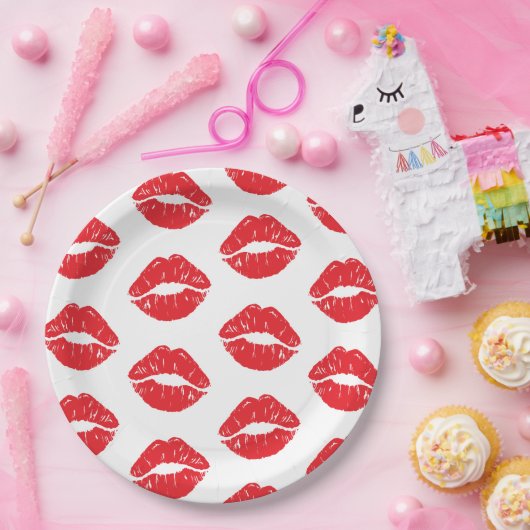 Rote Lippen, roter Lippenstift, Kuss, Lippenmuster Pappteller (Party)