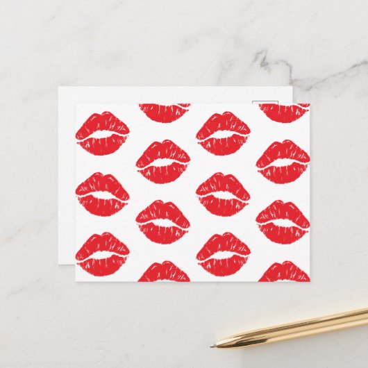 Rote Lippen, roter Lippenstift, Kuss, Lippenmuster Postkarte (Vorderseite/Rückseite Beispiel)