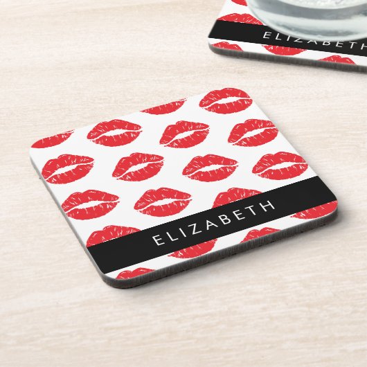 Rote Lippen, roter Lippenstift, Lippenmuster, Ihr Getränkeuntersetzer (Linke Seite)