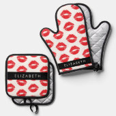 Rote Lippen, roter Lippenstift, Lippenmuster, Ihr  Ofenhandschuh & Topflappen-Set (Vorderseite/Rückseite)