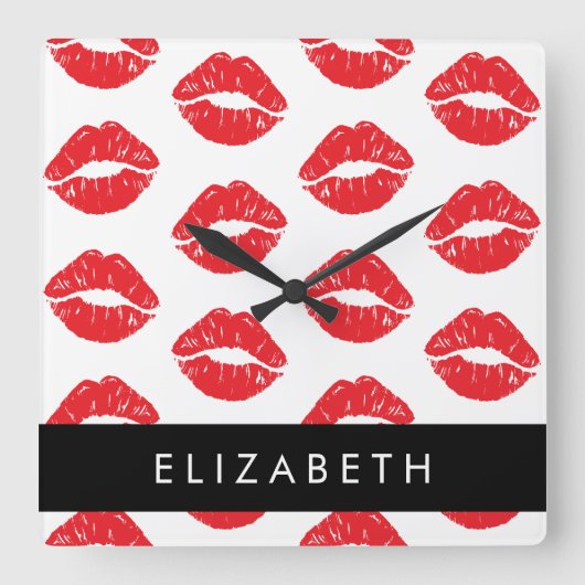 Rote Lippen, roter Lippenstift, Lippenmuster, Ihr Quadratische Wanduhr (Vorderseite)