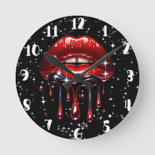 Rote Lippen Tropfen Glitzer Glam Sparkle Geburtsta Runde Wanduhr