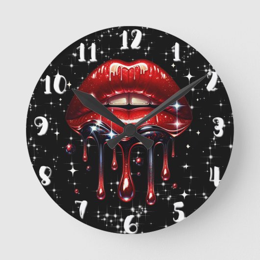 Rote Lippen Tropfen Glitzer Glam Sparkle Geburtsta Runde Wanduhr (Vorderseite)