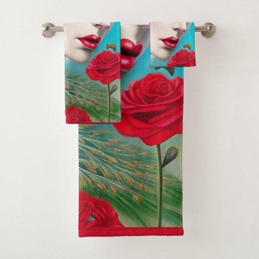 Rote Lippen und Rose Pfau Abstrakt Badhandtuch Set (Insitu)