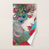 Rote Lippen und Rose Pfau Abstrakt Badhandtuch Set (Handtuch)