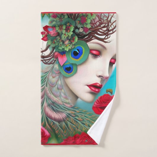 Rote Lippen und Rose Pfau Abstrakt Badhandtuch Set (Handtuch)