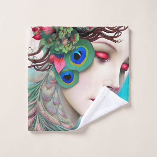 Rote Lippen und Rose Pfau Abstrakt Badhandtuch Set (Waschlappen)