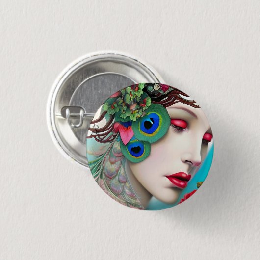 Rote Lippen und Rose Pfau Abstrakt Button (Vorne & Hinten)