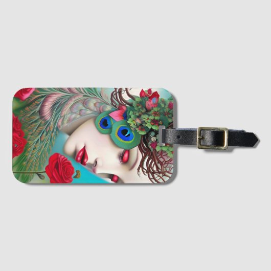 Rote Lippen und Rose Pfau Abstrakt Gepäckanhänger (Vorderseite (Horizontal))