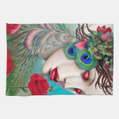 Rote Lippen und Rose Pfau Abstrakt Geschirrtuch (Horizontal)