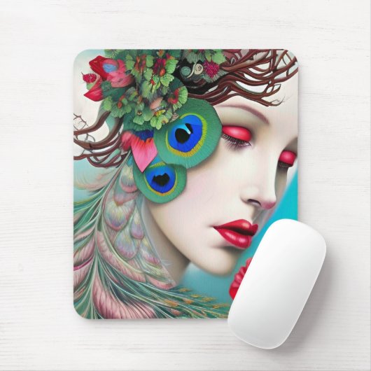 Rote Lippen und Rose Pfau Abstrakt Mousepad (Mit Mouse)