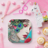 Rote Lippen und Rose Pfau Abstrakt Pappteller (Party)