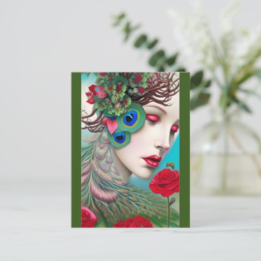 Rote Lippen und Rose Pfau Abstrakt Postkarte (Stehend Vorderseite)