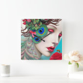 Rote Lippen und Rose Pfau Abstrakt Quadratische Wanduhr (Zuhause)