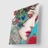 Rote Lippen und Rose Pfau Abstrakt Quadratische Wanduhr (Winkel)