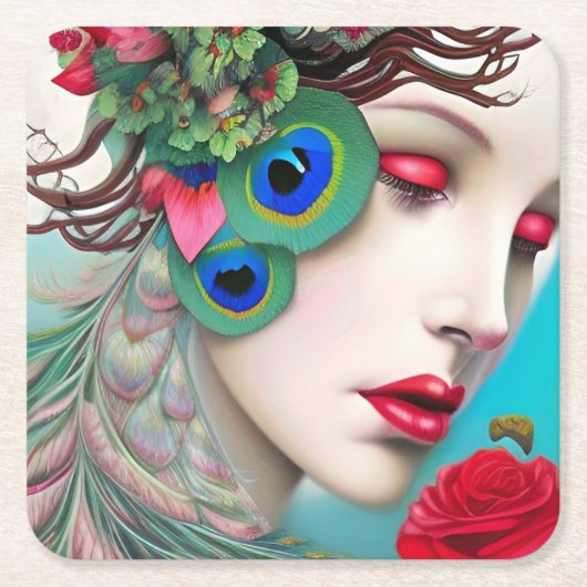 Rote Lippen und Rose Pfau Abstrakt Rechteckiger Pappuntersetzer (Vorderseite)