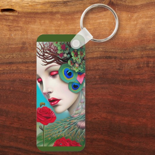 Rote Lippen und Rose Pfau Abstrakt Schlüsselanhänger (Rückseite)