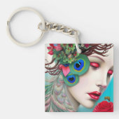 Rote Lippen und Rose Pfau Abstrakt Schlüsselanhänger (Vorderseite)