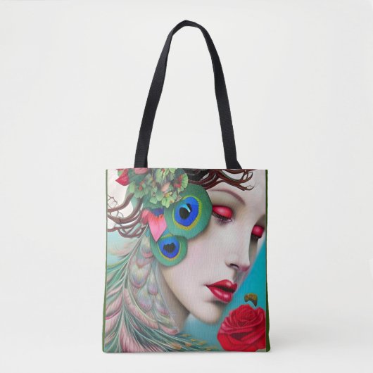 Rote Lippen und Rose Pfau Abstrakt Tasche (Vorderseite)