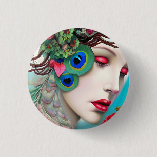 Rote Lippen und Rosen Pfau Abstrakt Button