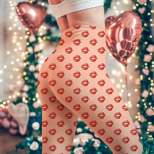 Rote Lippenstift-Kuss-Prägung Pfirsich Leggings