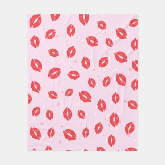 Rote Lippenstift-Küsse auf rosa Hintergrundmuster Fleecedecke (Vorderseite)