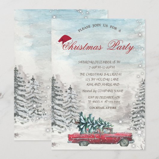 Rote LKW-Kiefer-Baum-Wald-Weihnachts-Einladung Einladung (Vorne/Hinten)