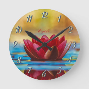 Rote Lotosblumen-Landschaft, Zen Runde Wanduhr