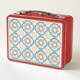 Rote Lunchbox mit einem vintage floralen Fliesenmu