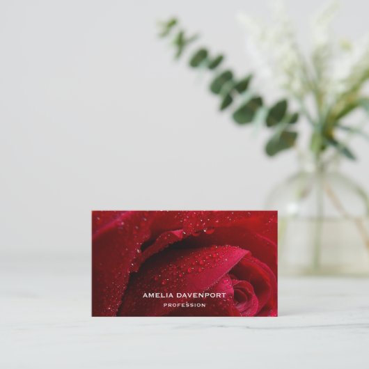 Rote Macro-Rose mit Wassertropfen Visitenkarte (Stehend Vorderseite)
