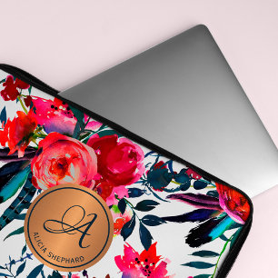 Rote Marine-Wasserfarben-Blumenmuster-Kupfer-Monog Laptopschutzhülle