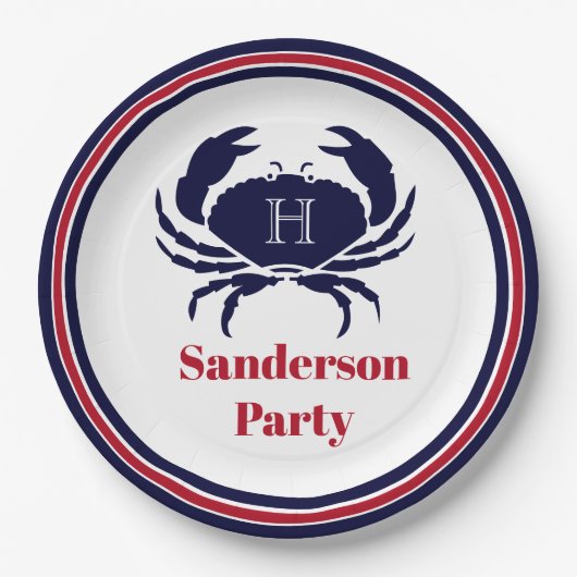 Rote Marinekrabbe (Nautic Monogram) Pappteller (Vorderseite)