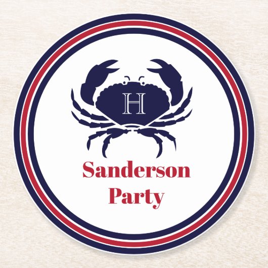 Rote Marinekrabbe (Nautic Monogram) Runder Pappuntersetzer (Vorderseite)