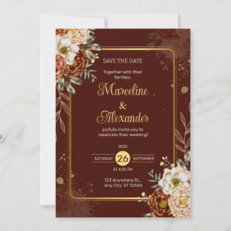 Rote Marone Gold Blumen Elegante Hochzeitseinladun Einladung
