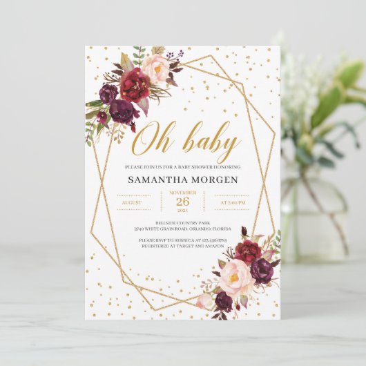 Rote Marsala, Goldrahmen, Babydusche Einladung (Stehend Vorderseite)