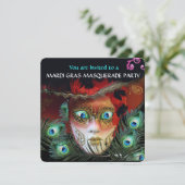 ROTE MASK- UND PEACOCK-FEATHERS MASQUERADE-PARTY EINLADUNG (Stehend Vorderseite)