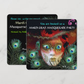 ROTE MASK- UND PEACOCK-FEATHERS MASQUERADE-PARTY EINLADUNG (Vorne/Hinten)