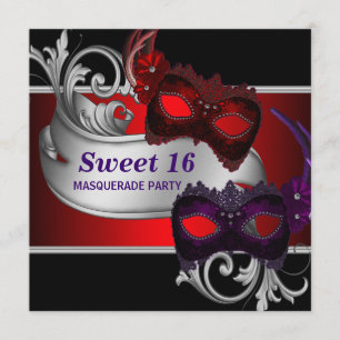 Rote Masken Sweet 16 Maskenball-Party Einladung