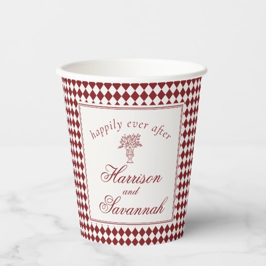 Rote Merlot-Harlekin-Karo-Hochzeit Pappbecher (Vorderseite)