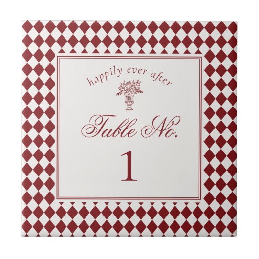 Rote Merlot Harlekin Karo Hochzeitstisch Nummer Fliese (Vorderseite)