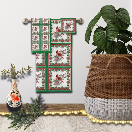 Rote Mockingbird Poinsettia Grenzen Grün Badhandtuch Set