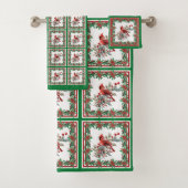 Rote Mockingbird Poinsettia Grenzen Grün Badhandtuch Set (Insitu)