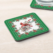 Rote Mockingbird Poinsettia Grenzen Grün Getränkeuntersetzer (Linke Seite)