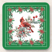 Rote Mockingbird Poinsettia Grenzen Grün Getränkeuntersetzer (Vorderseite)