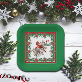 Rote Mockingbird Poinsettia Grenzen Grün Pappteller