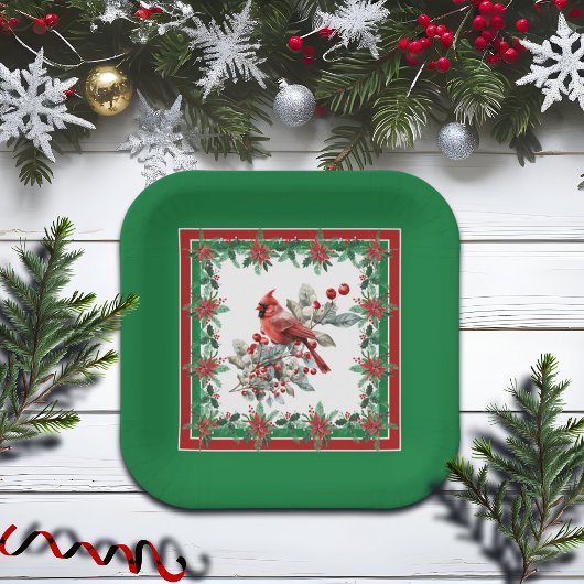 Rote Mockingbird Poinsettia Grenzen Grün Pappteller